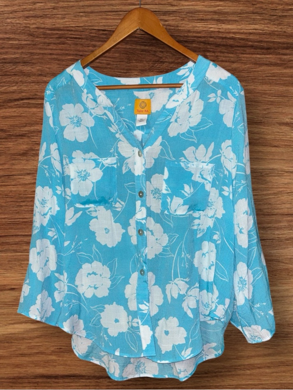 Ruby Rd. Blue Floral Button-Front Long Sleeve Blouse